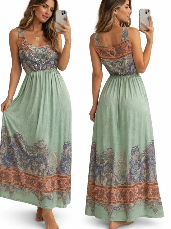 Sleeveless Mint Paisley Maxi Dress - Picture 2 of 5